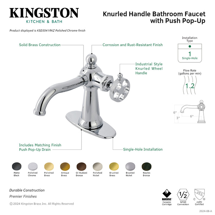 Kingston Tulare KSD3543RKZ - Wendell One-Handle 1-Hole Bathroom Faucet with Knurled Handle and Push Pop-Up Drain, Antique Brass