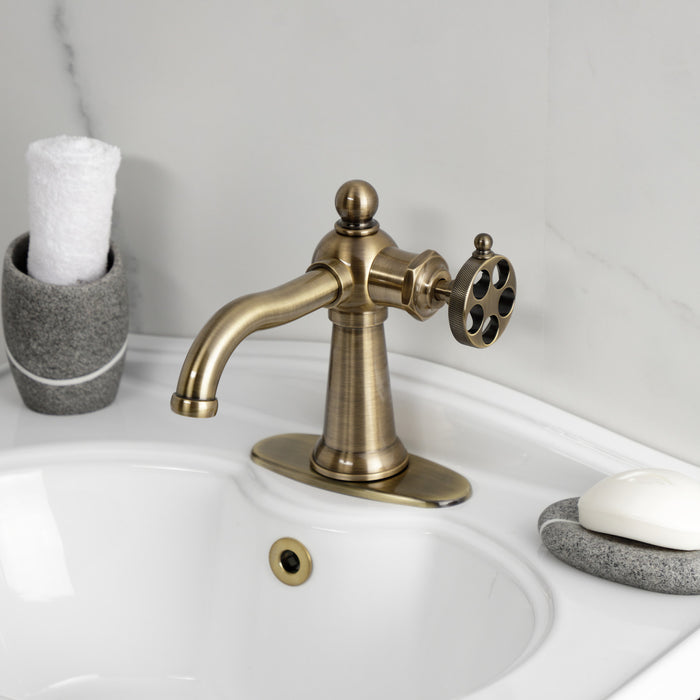 Wendell KSD3543RKZ Single-Handle 1-Hole Deck Mount Bathroom Faucet with Knurled Handle and Push Pop-Up Drain, Antique Brass