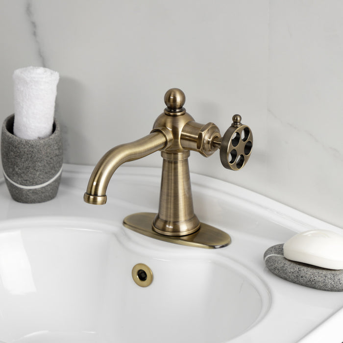 Kingston Tulare KSD3543RKZ - Wendell One-Handle 1-Hole Bathroom Faucet with Knurled Handle and Push Pop-Up Drain, Antique Brass