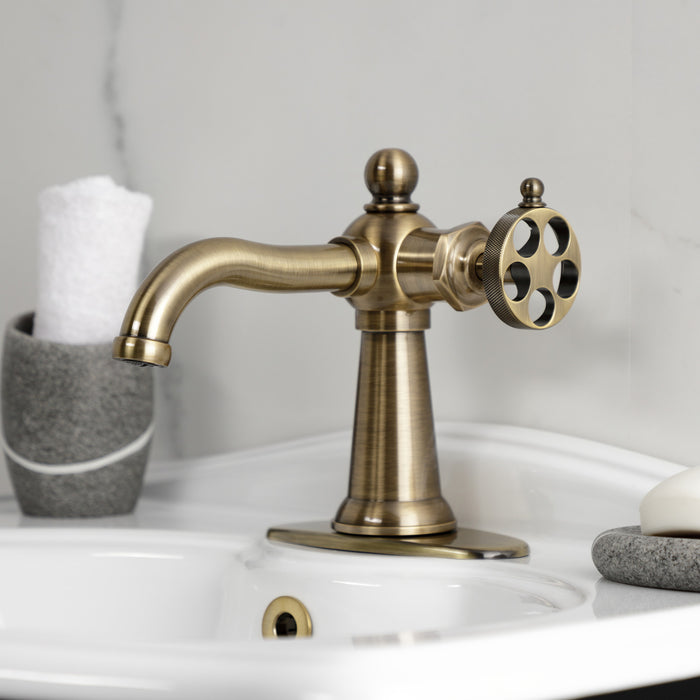 Kingston Tulare KSD3543RKZ - Wendell One-Handle 1-Hole Bathroom Faucet with Knurled Handle and Push Pop-Up Drain, Antique Brass