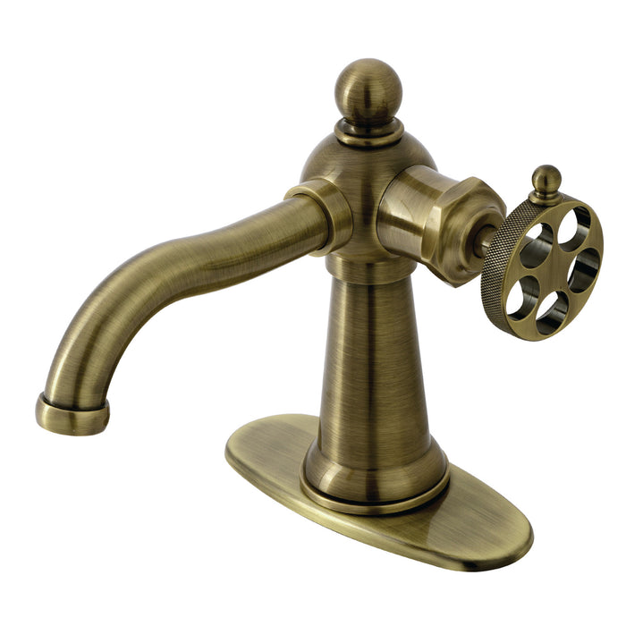 Wendell KSD3543RKZ Single-Handle 1-Hole Deck Mount Bathroom Faucet with Knurled Handle and Push Pop-Up Drain, Antique Brass