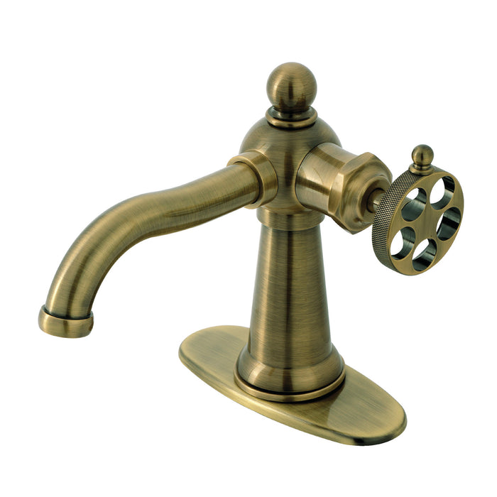 Kingston Tulare KSD3543RKZ - Wendell One-Handle 1-Hole Bathroom Faucet with Knurled Handle and Push Pop-Up Drain, Antique Brass