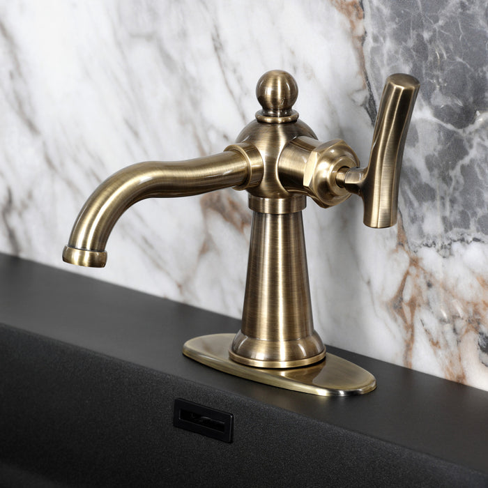 Kingston Tulare KSD3543TKL - Hallerbos One-Handle 1-Hole Bathroom Faucet with Deck Plate and Push Pop-Up Drain, Antique Brass