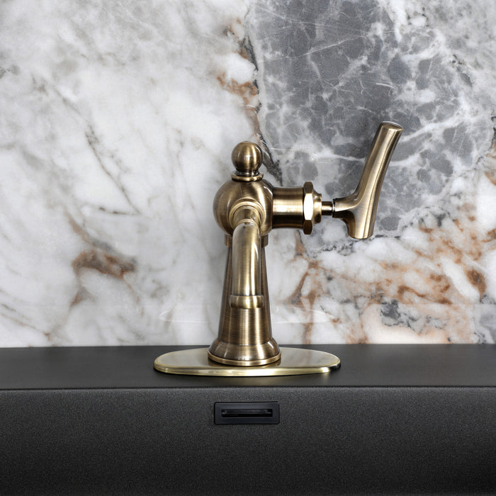 Kingston Tulare KSD3543TKL - Hallerbos One-Handle 1-Hole Bathroom Faucet with Deck Plate and Push Pop-Up Drain, Antique Brass