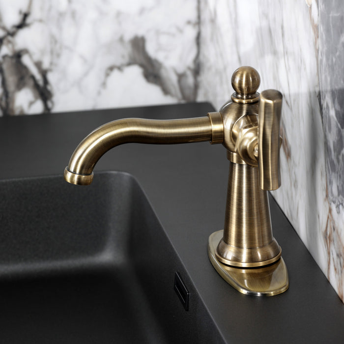 Kingston Tulare KSD3543TKL - Hallerbos One-Handle 1-Hole Bathroom Faucet with Deck Plate and Push Pop-Up Drain, Antique Brass