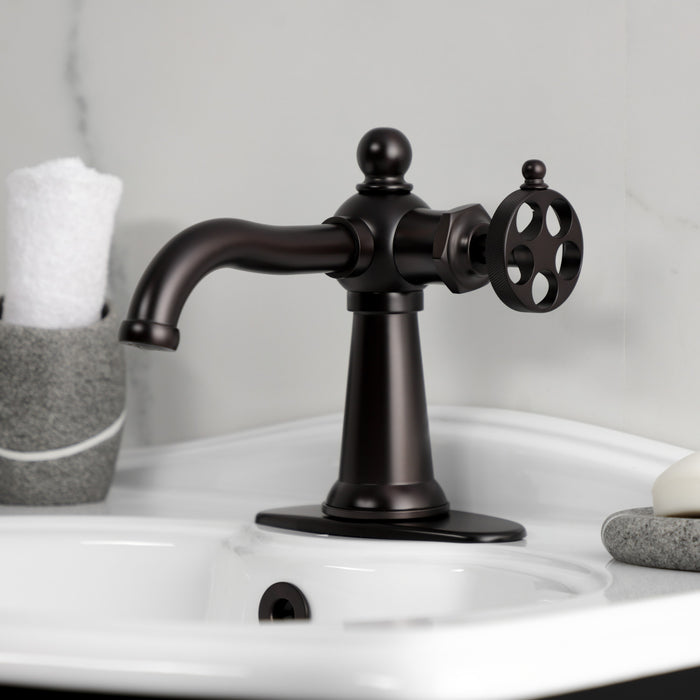 Kingston Tulare KSD3545RKZ - Wendell One-Handle 1-Hole Bathroom Faucet with Knurled Handle and Push Pop-Up Drain, Oil Rubbed Bronze
