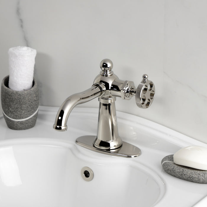 Kingston Tulare KSD3546RKZ - Wendell One-Handle 1-Hole Bathroom Faucet with Knurled Handle and Push Pop-Up Drain, Polished Nickel