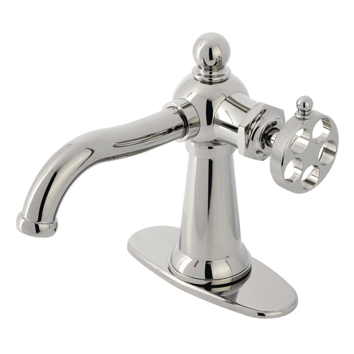 Wendell KSD3546RKZ Single-Handle 1-Hole Deck Mount Bathroom Faucet with Knurled Handle and Push Pop-Up Drain, Polished Nickel