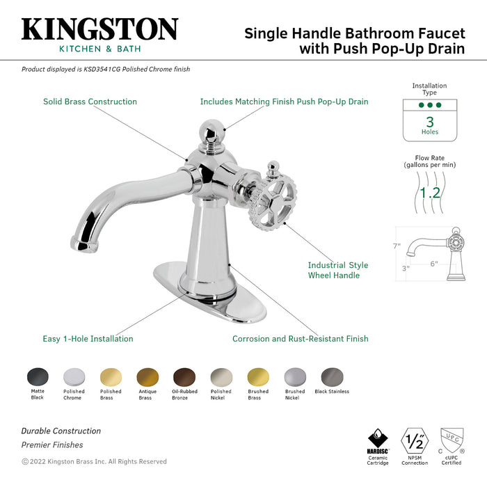 Kingston Tulare KSD3547CG - Fuller One-Handle 1-Hole Bathroom Faucet with Deck Plate and Push Pop-Up Drain, Brushed Brass