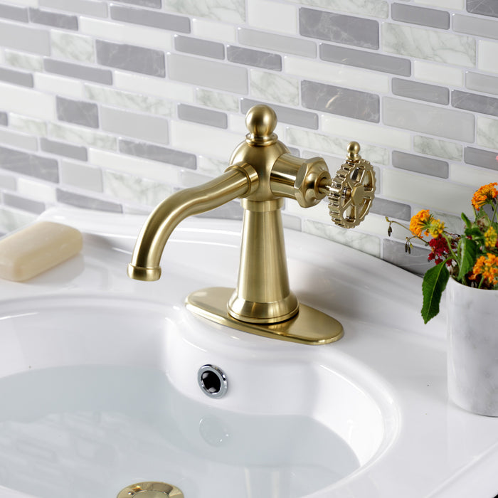 Kingston Tulare KSD3547CG - Fuller One-Handle 1-Hole Bathroom Faucet with Deck Plate and Push Pop-Up Drain, Brushed Brass