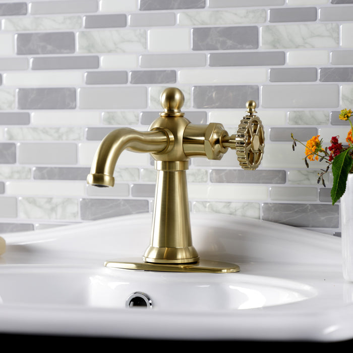 Kingston Tulare KSD3547CG - Fuller One-Handle 1-Hole Bathroom Faucet with Deck Plate and Push Pop-Up Drain, Brushed Brass