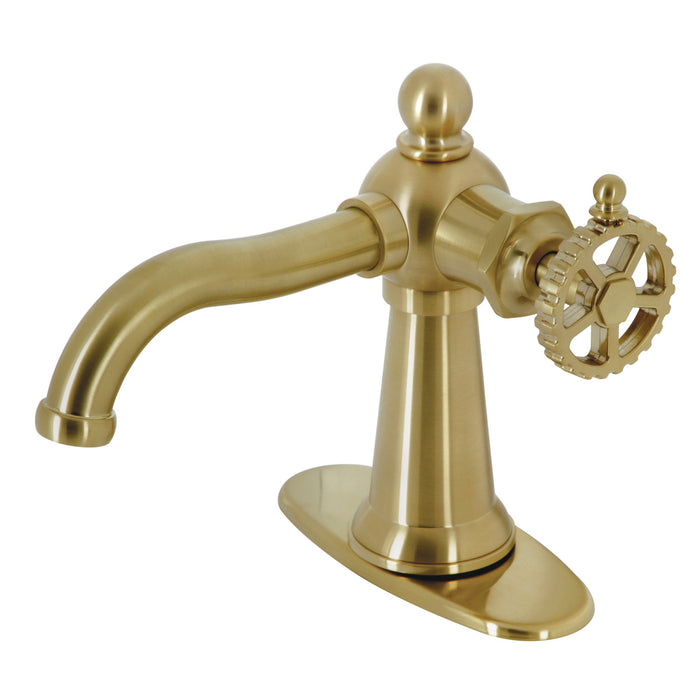 Kingston Tulare KSD3547CG - Fuller One-Handle 1-Hole Bathroom Faucet with Deck Plate and Push Pop-Up Drain, Brushed Brass