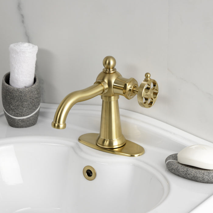 Wendell KSD3547RKZ Single-Handle 1-Hole Deck Mount Bathroom Faucet with Knurled Handle and Push Pop-Up Drain, Brushed Brass