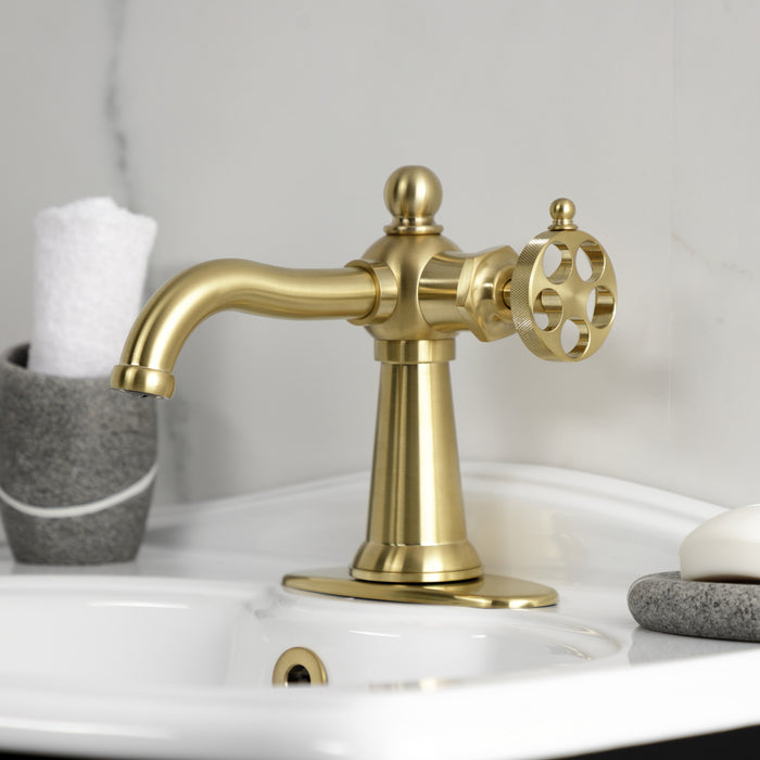 Kingston Tulare KSD3547RKZ - Wendell One-Handle 1-Hole Bathroom Faucet with Knurled Handle and Push Pop-Up Drain, Brushed Brass