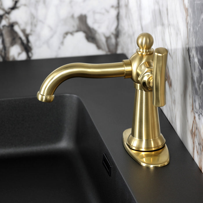 Kingston Tulare KSD3547TKL - Hallerbos One-Handle 1-Hole Bathroom Faucet with Deck Plate and Push Pop-Up Drain, Brushed Brass