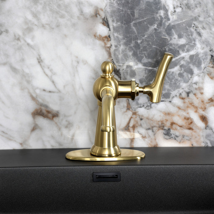 Kingston Tulare KSD3547TKL - Hallerbos One-Handle 1-Hole Bathroom Faucet with Deck Plate and Push Pop-Up Drain, Brushed Brass
