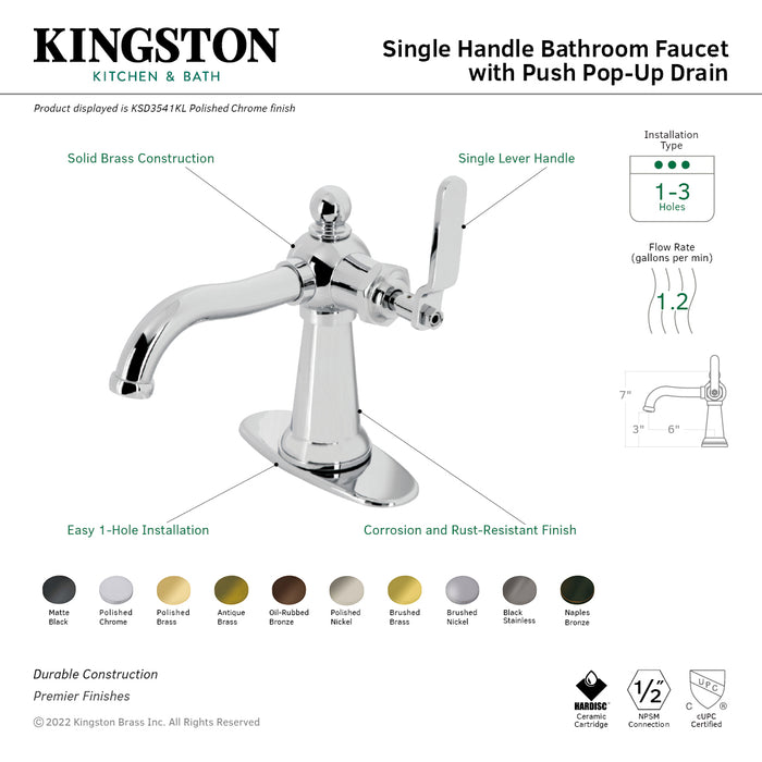 Kingston Tulare KSD3548KL - Knight One-Handle 1-Hole Bathroom Faucet with Deck Plate and Push Pop-Up Drain, Brushed Nickel