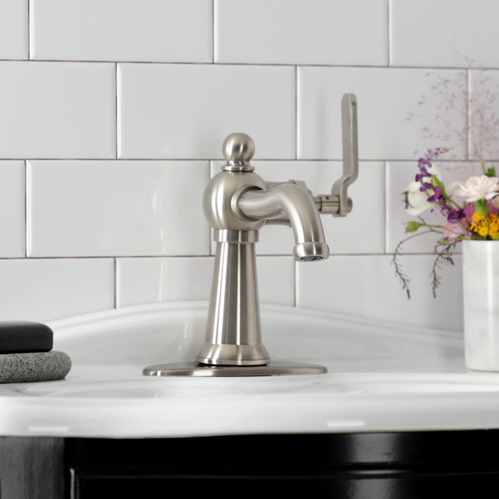 Kingston Tulare KSD3548KL - Knight One-Handle 1-Hole Bathroom Faucet with Deck Plate and Push Pop-Up Drain, Brushed Nickel
