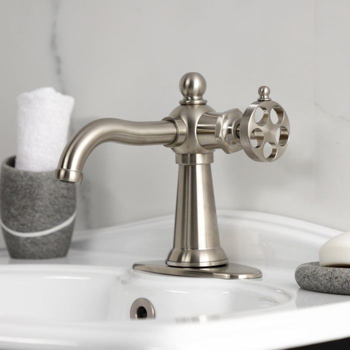 Kingston Tulare KSD3548RKZ - Wendell One-Handle 1-Hole Bathroom Faucet with Knurled Handle and Push Pop-Up Drain, Brushed Nickel