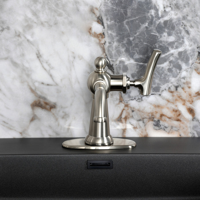 Kingston Tulare KSD3548TKL - Hallerbos One-Handle 1-Hole Bathroom Faucet with Deck Plate and Push Pop-Up Drain, Brushed Nickel