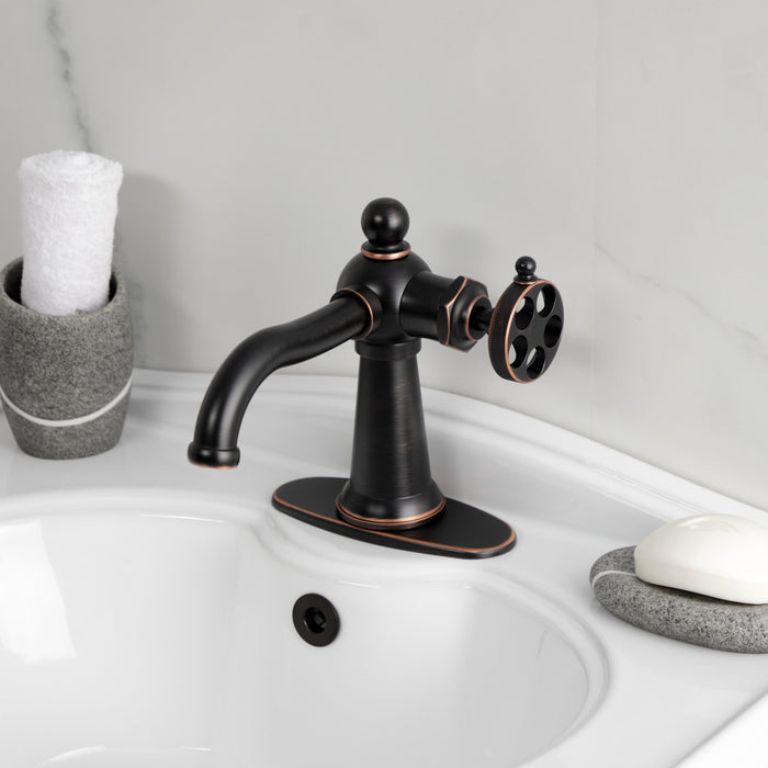 Wendell KSD354RKZNB Single-Handle 1-Hole Deck Mount Bathroom Faucet with Knurled Handle and Push Pop-Up Drain, Naples Bronze