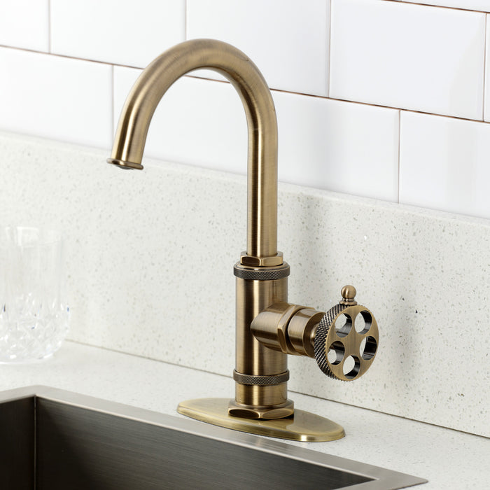 Kingston Sona KSD8503RKX - Webb One-Handle 1-Hole Deck Mount Bar Faucet with Knurled Handle, Antique Brass