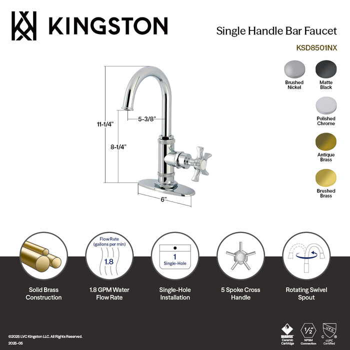 Kingston Sona KSD8508NX - Hamilton One-Handle 1-Hole Deck Mount Bar Faucet, Brushed Nickel