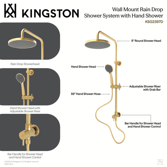 Kingston Sona KSG2397D - Concord Wall Mount Rain Drop Shower System with Hand Shower, Brushed Brass