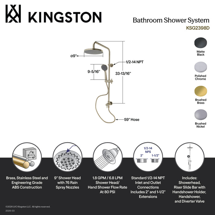 Kingston Sona KSG2397D - Concord Wall Mount Rain Drop Shower System with Hand Shower, Brushed Brass