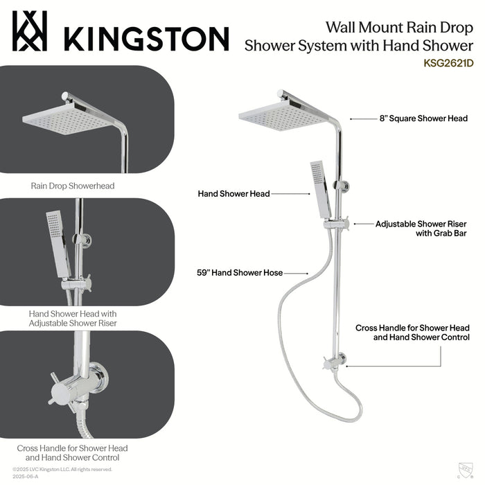 Kingston Sona KSG2621D - Claremont Wall Mount Rain Drop Shower System with Hand Shower, Polished Chrome
