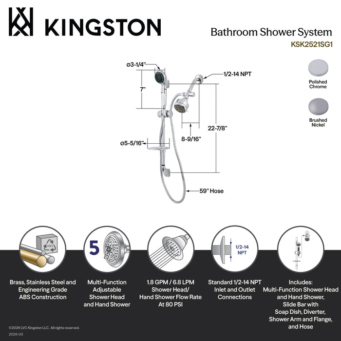 Kingston Tulare KSK2528SG8 - Made To Match Shower System with 22-Inch Slide Bar and Hand Shower, Brushed Nickel