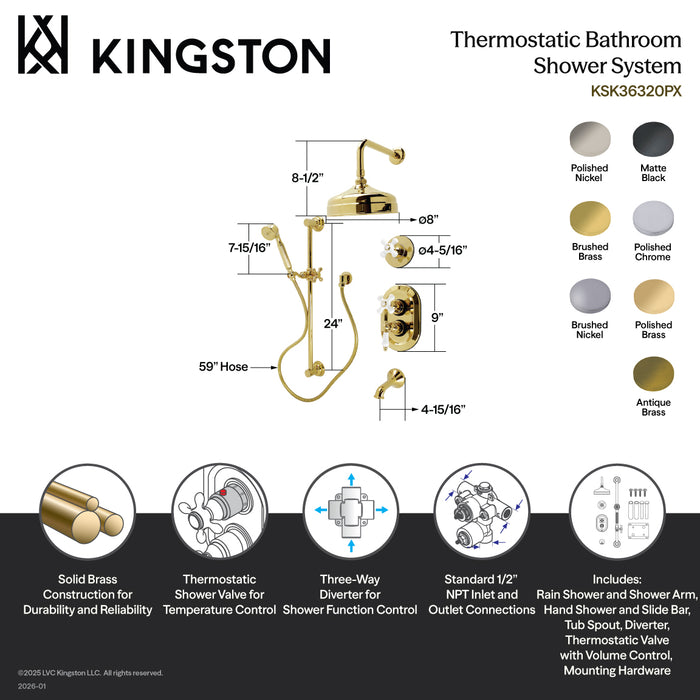 Kingston Heirloom KSK36310PX - Restoration Thermostatic Tub and Shower System, Polished Chrome