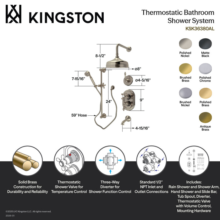 Kingston Heirloom KSK36370AL - Restoration Thermostatic Tub and Shower System, Brushed Brass