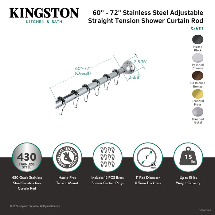 Kingston Edenscape KSR118 60-Inch to 72-Inch Adjustable Shower Curtain Rod with Rings Combo, Brushed Nickel