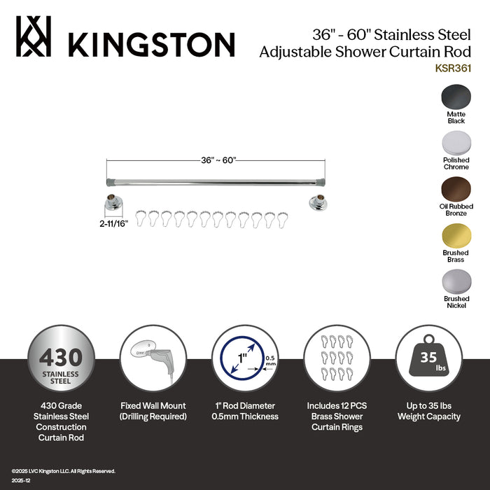 Kingston Edenscape KSR361 36-Inch to 60-Inch Adjustable Shower Curtain Rod with Rings, Polished Chrome