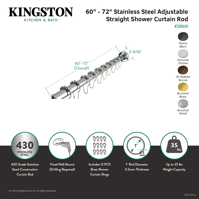 Kingston Edenscape KSR607 60-Inch to 72-Inch Adjustable Shower Curtain Rod with Rings Combo, Brushed Brass