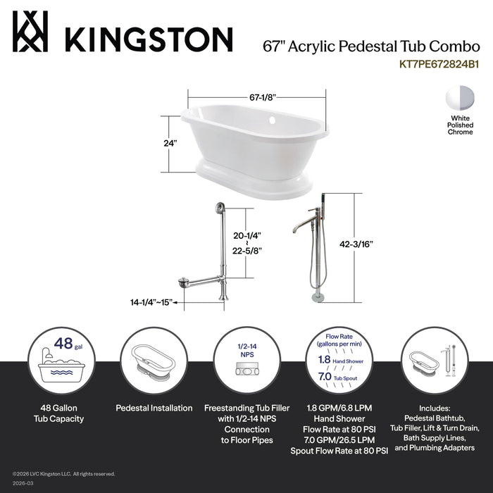 Kingston Tulare KT7PE672824B1 - Aqua Eden 67-Inch Acrylic Oval Double Ended Pedestal Tub with Faucet Combo (No Faucet Drillings), Glossy White/Polished Chrome