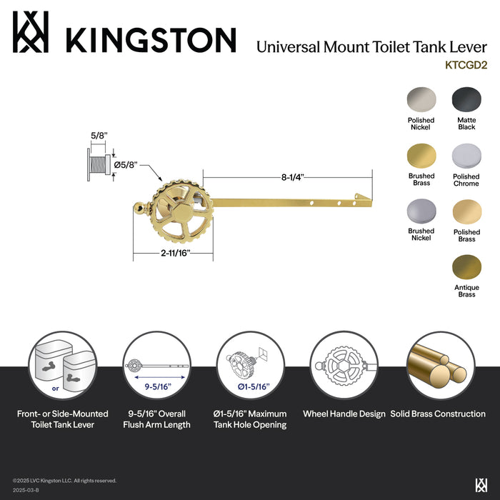 Kingston Sona KTCGD2 - Fuller Universal Front or Side Mount Toilet Tank Lever, Polished Brass