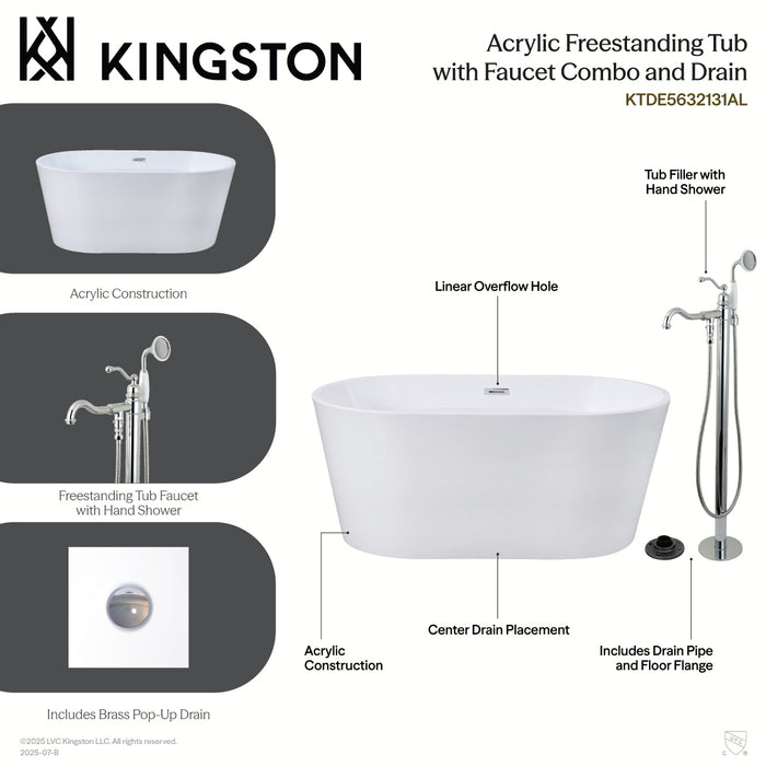 Kingston Tulare KTDE5632131AL - Aqua Eden 56-Inch Acrylic Oval Double Ended Freestanding Tub with Faucet Combo and Drain, Glossy White/Polished Chrome