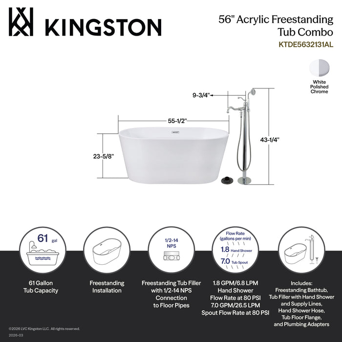 Kingston Tulare KTDE5632131AL - Aqua Eden 56-Inch Acrylic Oval Double Ended Freestanding Tub with Faucet Combo and Drain, Glossy White/Polished Chrome