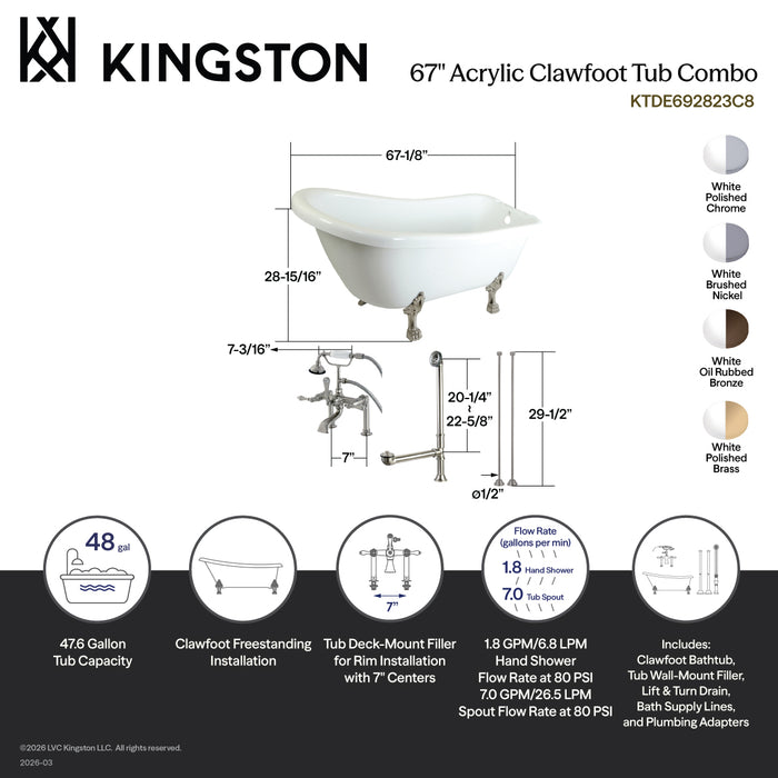 Kingston Heirloom KTDE692823C1 - Aqua Eden 67-Inch Acrylic Oval Single Slipper Clawfoot Tub with Faucet Drain and Supply Lines Combo, Glossy White/Polished Chrome