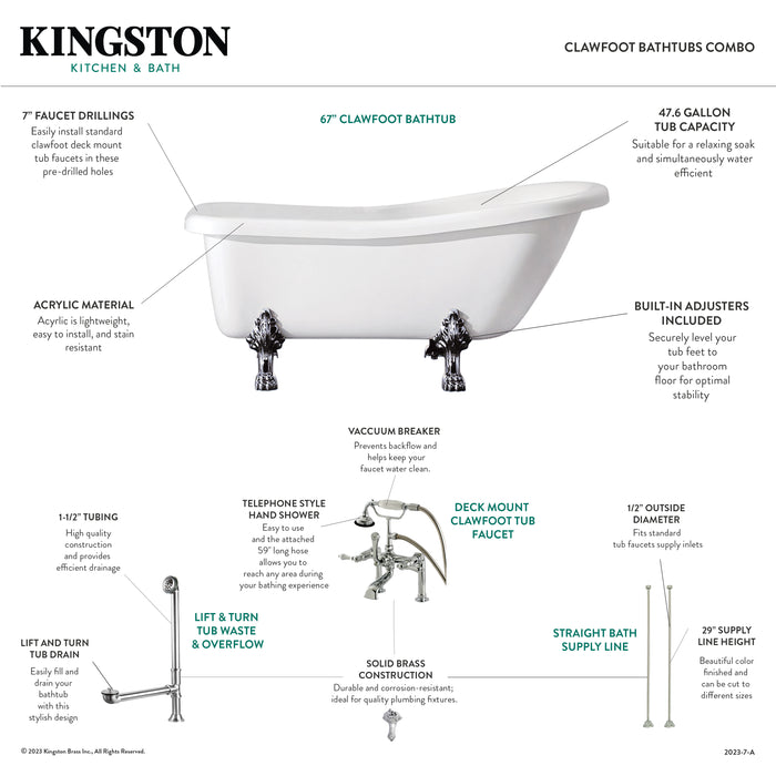 Kingston Heirloom KTDE692823C2 - Aqua Eden 67-Inch Acrylic Oval Single Slipper Clawfoot Tub with Faucet Drain and Supply Lines Combo, Glossy White/Polished Brass