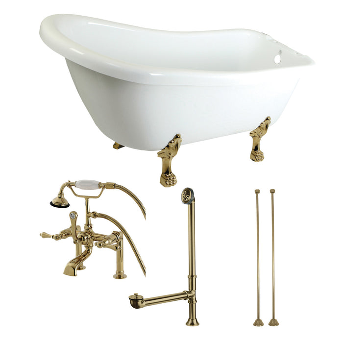 Kingston Heirloom KTDE692823C2 - Aqua Eden 67-Inch Acrylic Oval Single Slipper Clawfoot Tub with Faucet Drain and Supply Lines Combo, Glossy White/Polished Brass