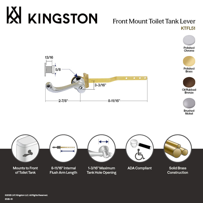 Kingston Tulare KTFL52 - Royale Front Mount Toilet Tank Lever, Polished Brass