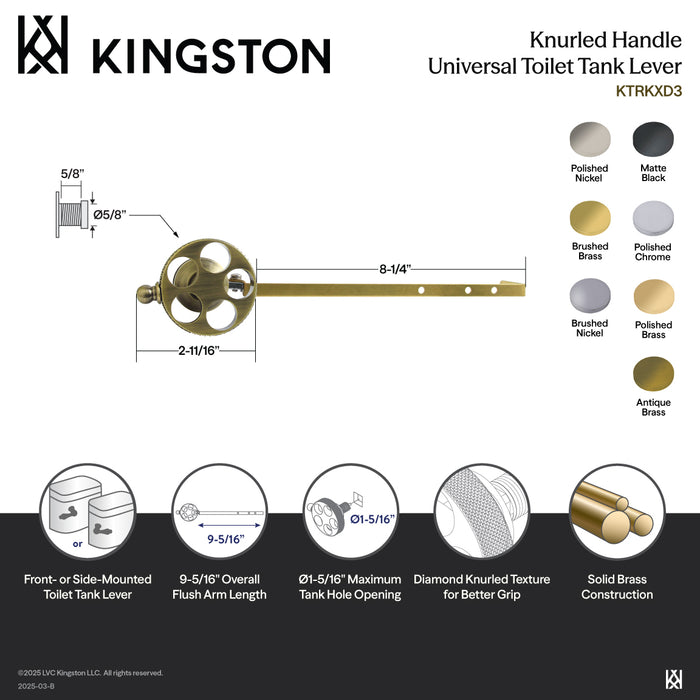 Kingston Sona KTRKXD2 - Webb Universal Front or Side Mount Toilet Tank Lever with Knurled Handle, Polished Brass