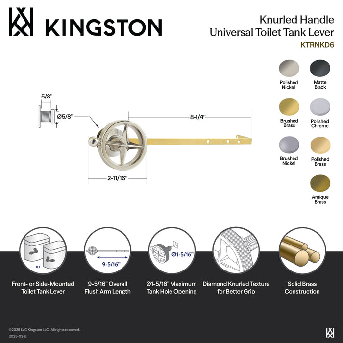 Kingston Sona KTRNKD6 - Levante Universal Front or Side Mount Toilet Tank Lever with Knurled Handle, Polished Nickel