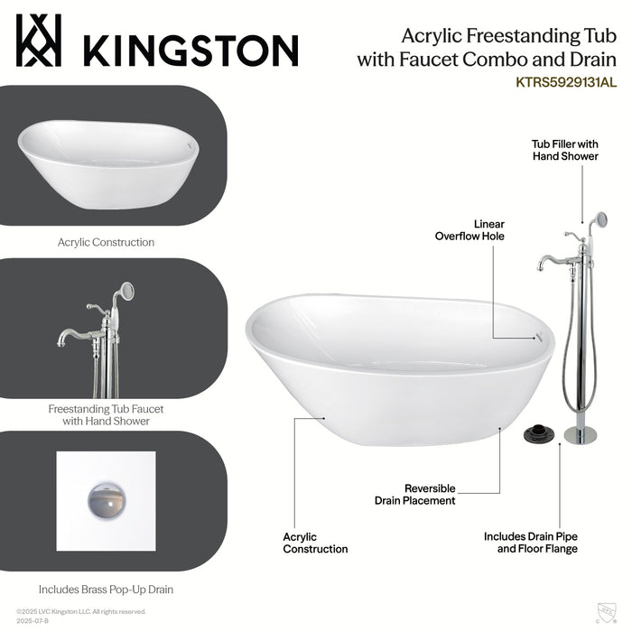 Kingston Tulare KTRS5929131AL - Arcticstone 59-Inch Acrylic Oval Single Slipper Freestanding Tub with Faucet Combo and Drain, Glossy White/Polished Chrome