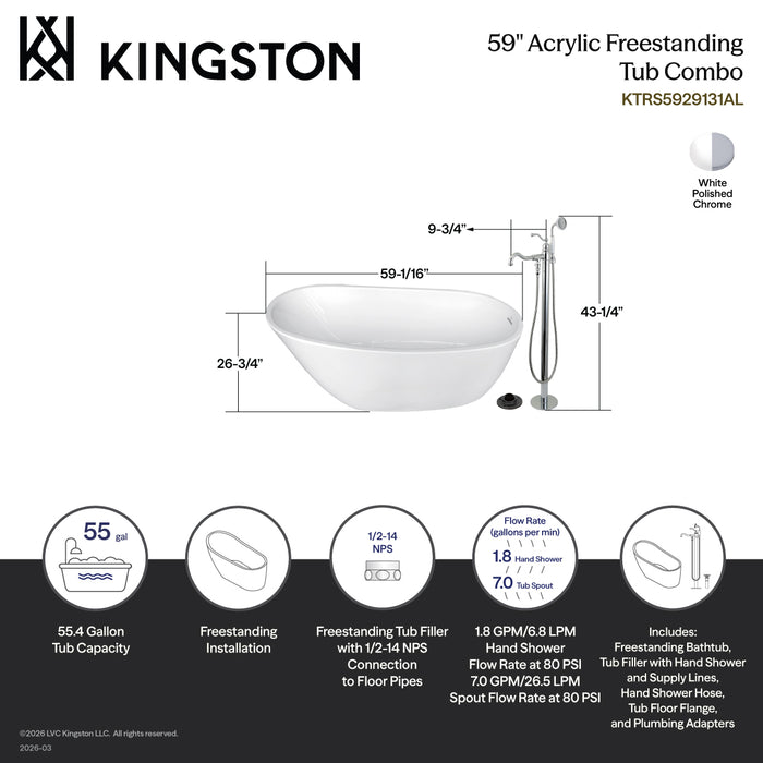 Kingston Tulare KTRS5929131AL - Arcticstone 59-Inch Acrylic Oval Single Slipper Freestanding Tub with Faucet Combo and Drain, Glossy White/Polished Chrome