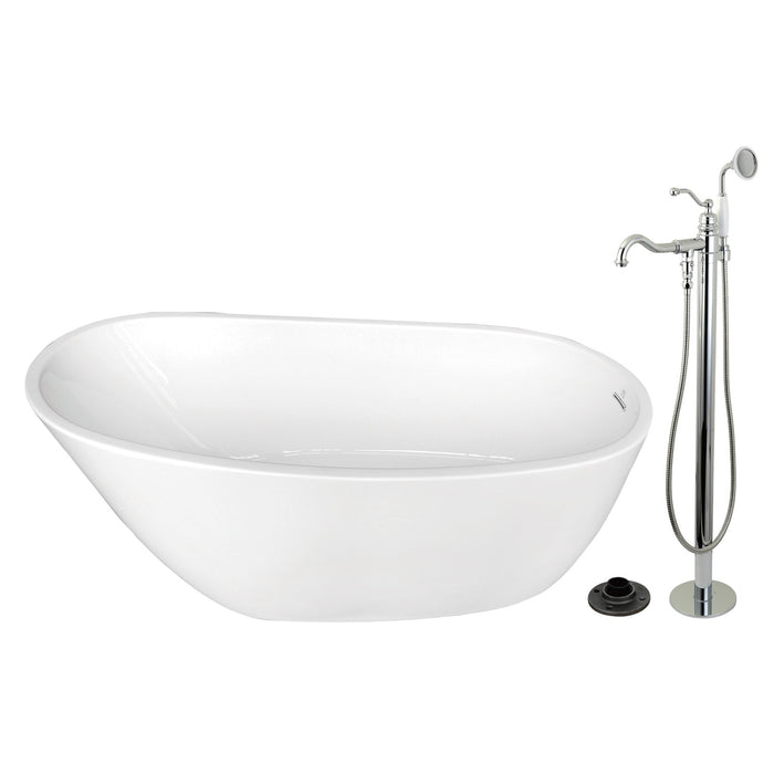 Kingston Tulare KTRS5929131AL - Arcticstone 59-Inch Acrylic Oval Single Slipper Freestanding Tub with Faucet Combo and Drain, Glossy White/Polished Chrome