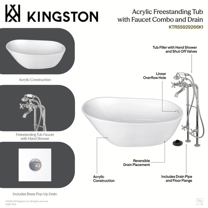 Kingston Tulare KTRS5929266K1 - Arcticstone 59-Inch Acrylic Oval Single Slipper Freestanding Tub with Faucet Combo and Drain, Glossy White/Polished Chrome